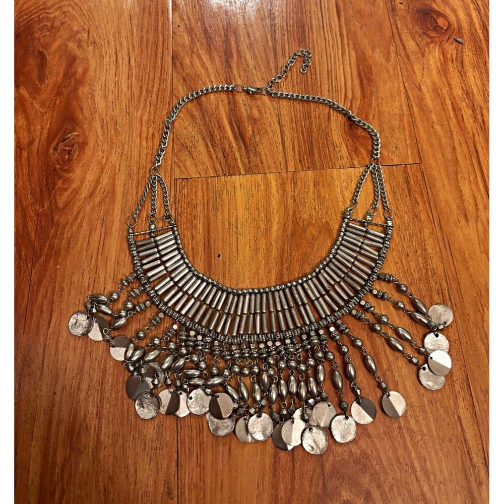 Boho Silver Tone Metal Bib Necklace Disc Dangles Curb Chain Lobster Clasp